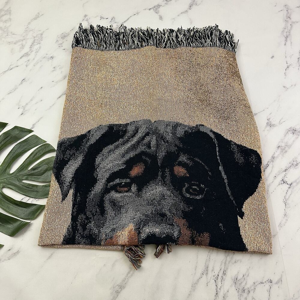 Linda Picken Vintage Y2k Dog Tapestry Throw Blanket Rottweiler Black Brown Woven